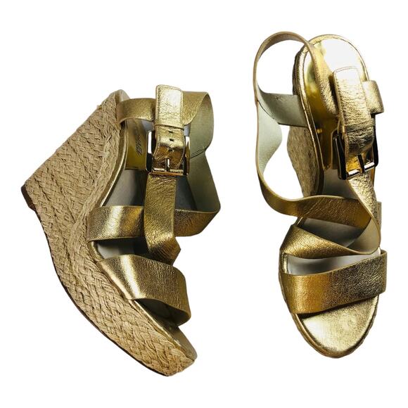 3585 Michael Kors Gold Leather Espadrille Wedge Peep Toe Sandals Heels Strappy 9 - Picture 1 of 11